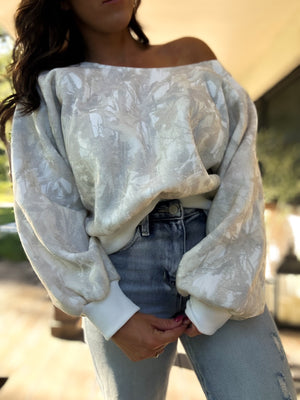 Audrina Off Shoulder Camo Sweater Top