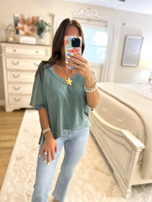 Alyse Oversized V-Neck Short Sleeve Top - Teal