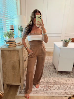 Ashlyn Contrast Piping Pants - Brown