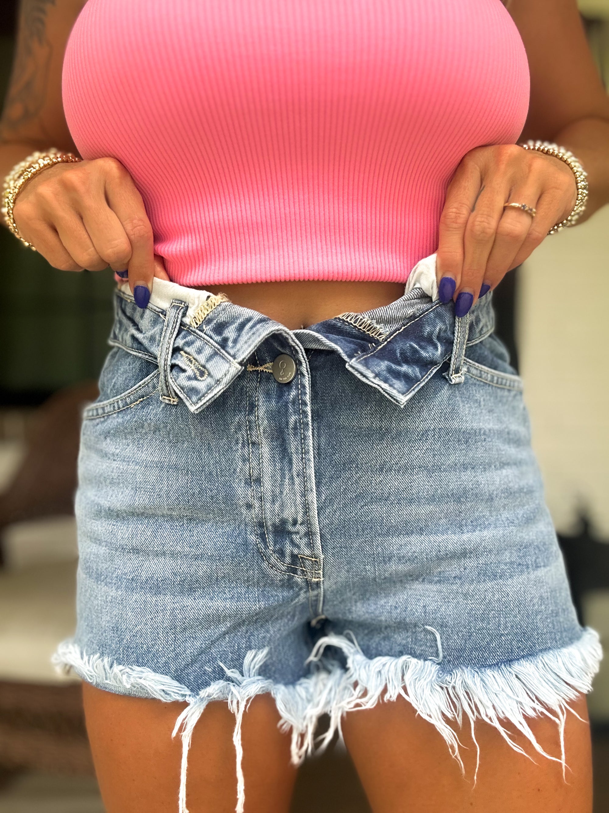 Tristan High Rise Flip Waistband Denim Shorts