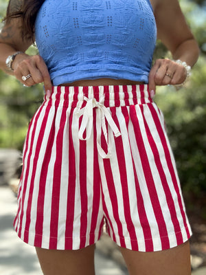 Ella Stripe Twill Denim Shorts - Red