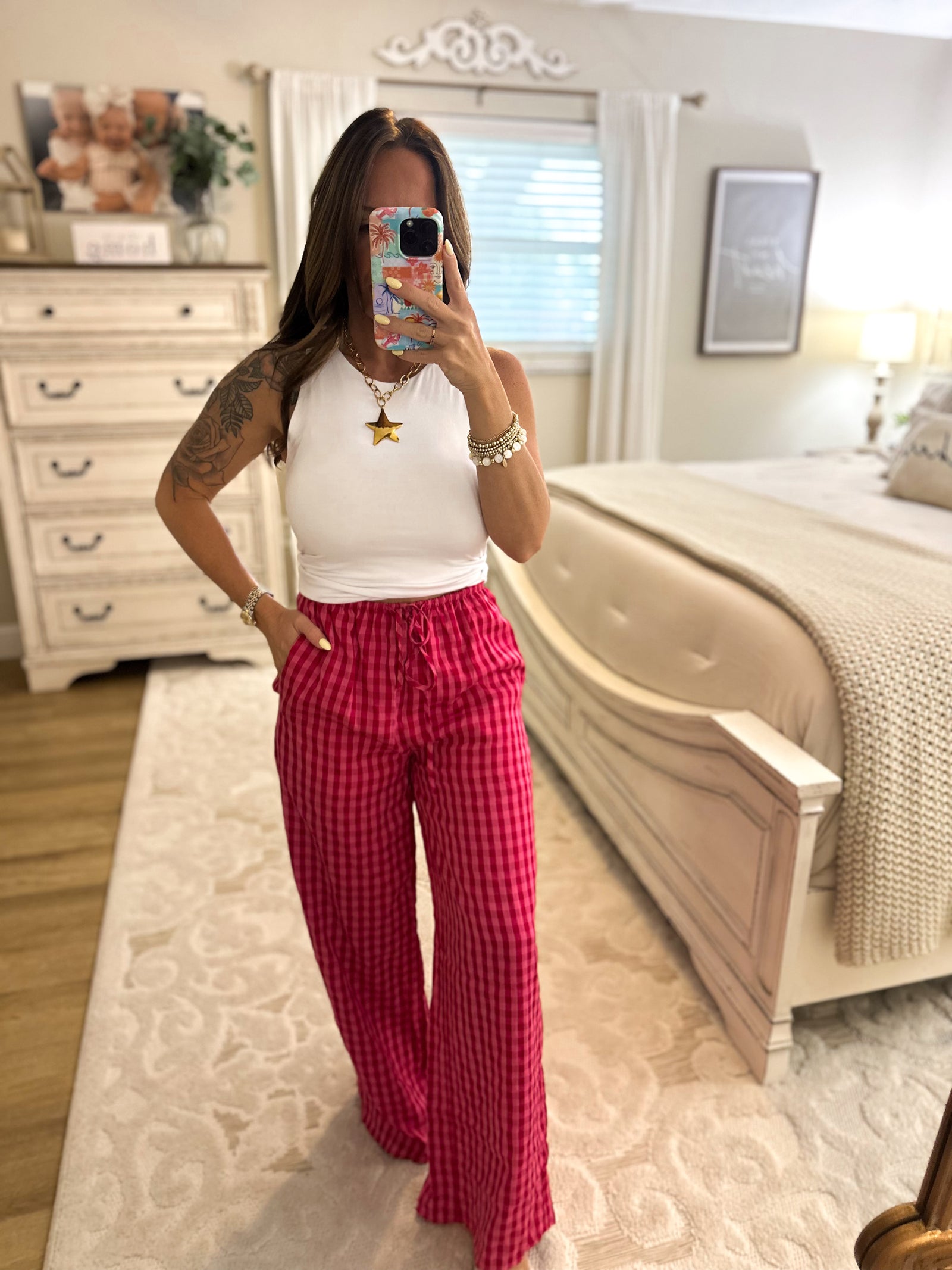 Aria Gingham Print Drawstring Pants
