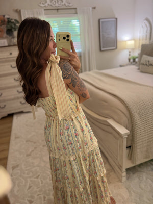 Penni Stripe & Floral Print Bowtie Tiered Maxi Dress