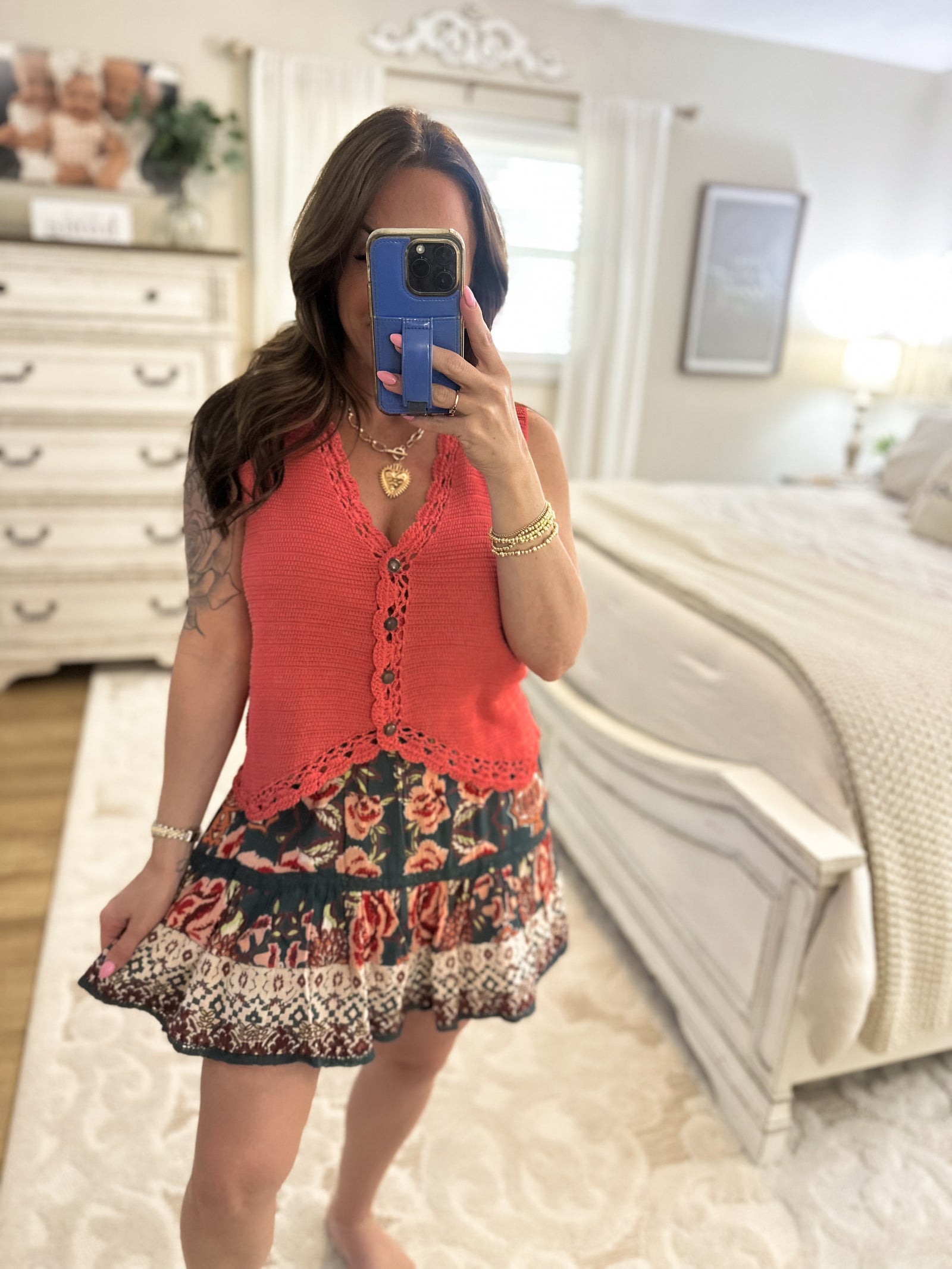 Braylee Crochet Sweater Vest - Coral