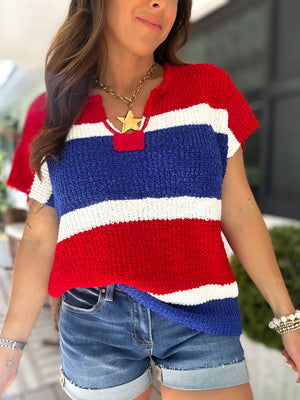 Juliana Color Block Textured Sweater Top - Red/Royal