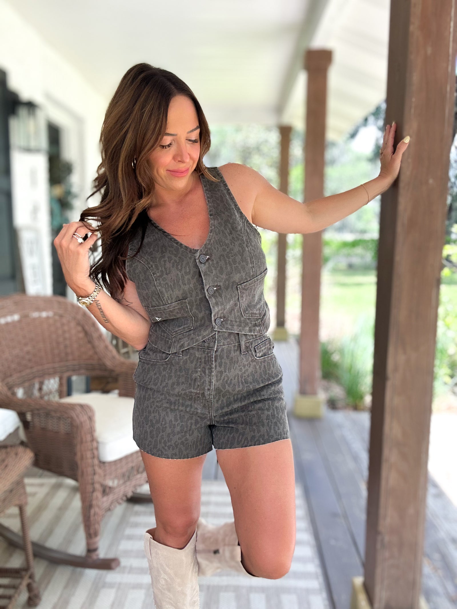 Teague Brown Cheetah Denim Vest Top