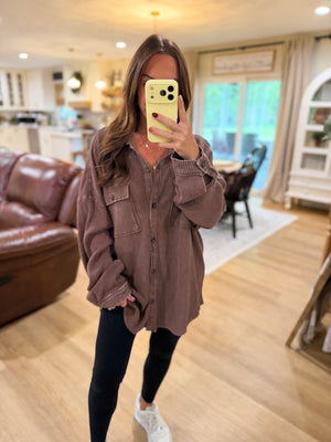 Sandi Stonewashed Oversized Knit Shacket - Brown