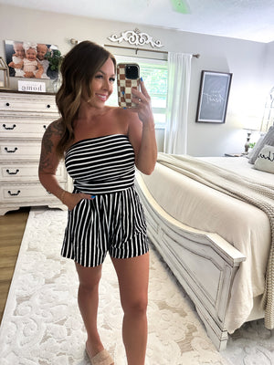 Better Days Ahead Striped Strapless Romper - Black