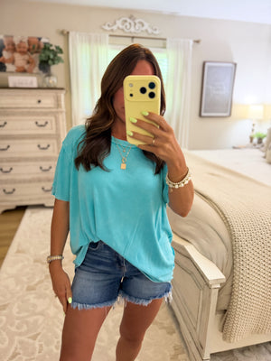Milo Washed Ribbed Short Boat Neck Tee - Turquoise