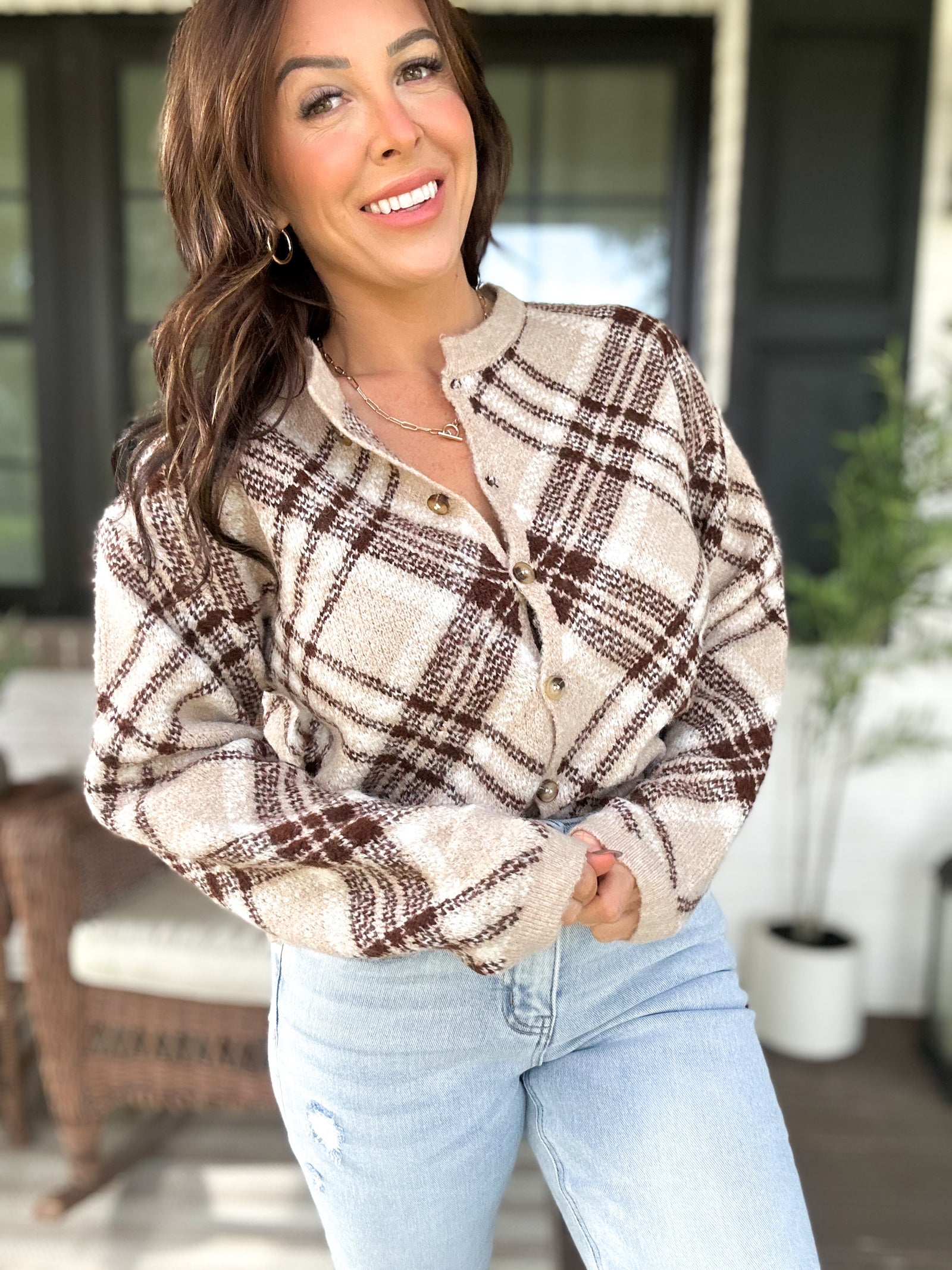Rachele Checkered Plaid Sweater Cardigan