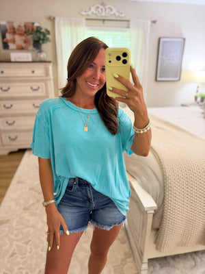 Milo Washed Ribbed Short Boat Neck Tee - Turquoise