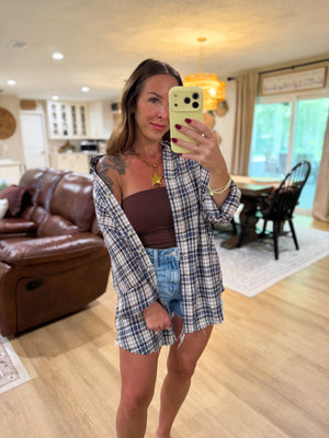 Sterling Plaid Collared Button Down Distressed Top - Blue
