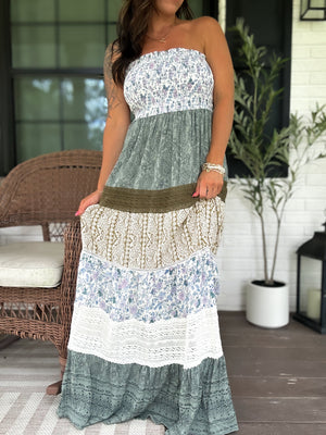 Hazel Strapless Lace Tiered Maxi