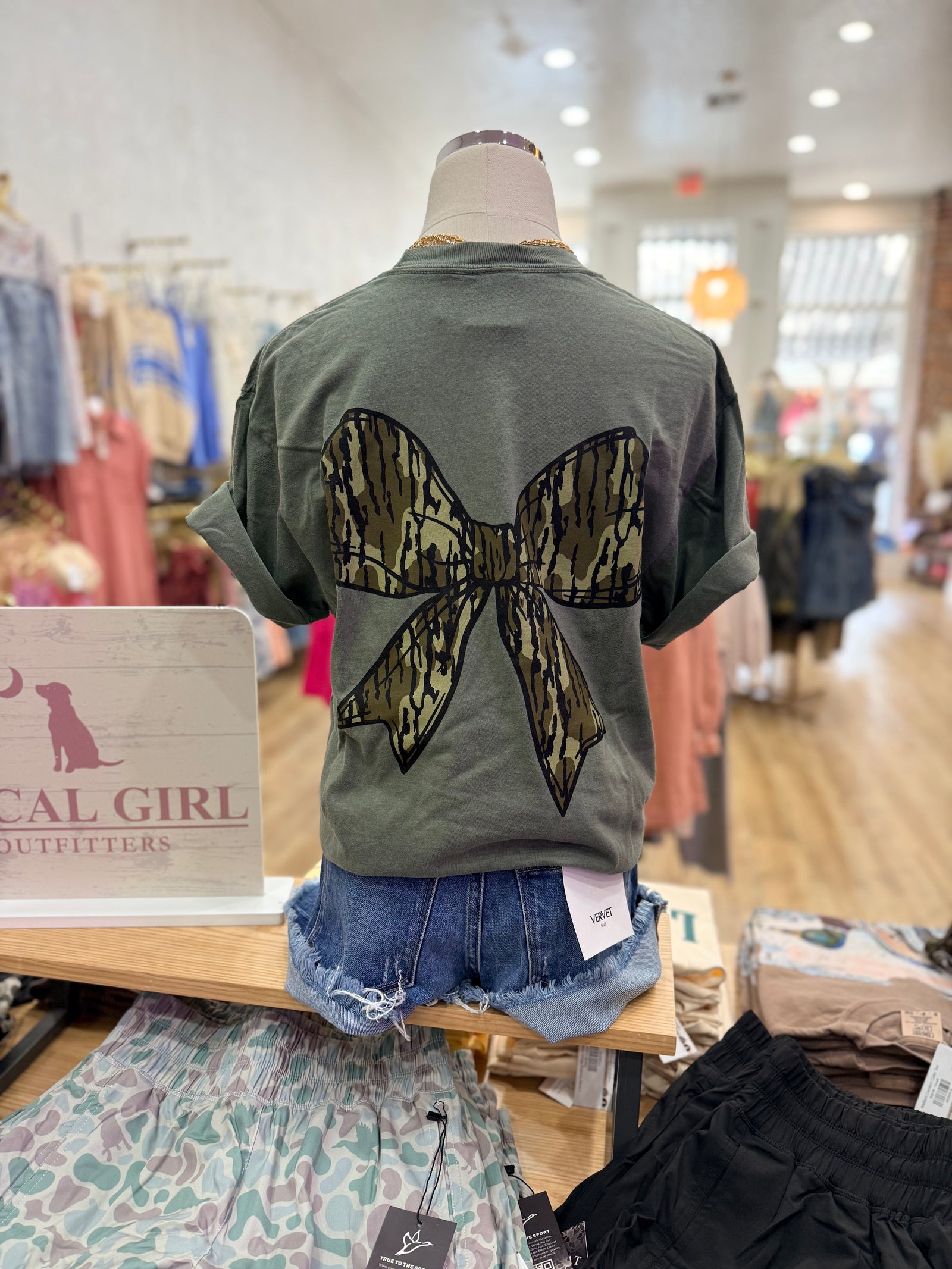 All Country Camo Bow Comfort Color Tee-Lowland Moss