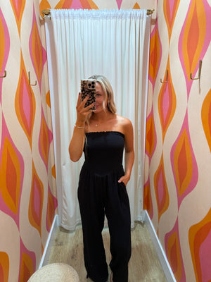 Britt Strapless Smocked Waist Jumpsuit