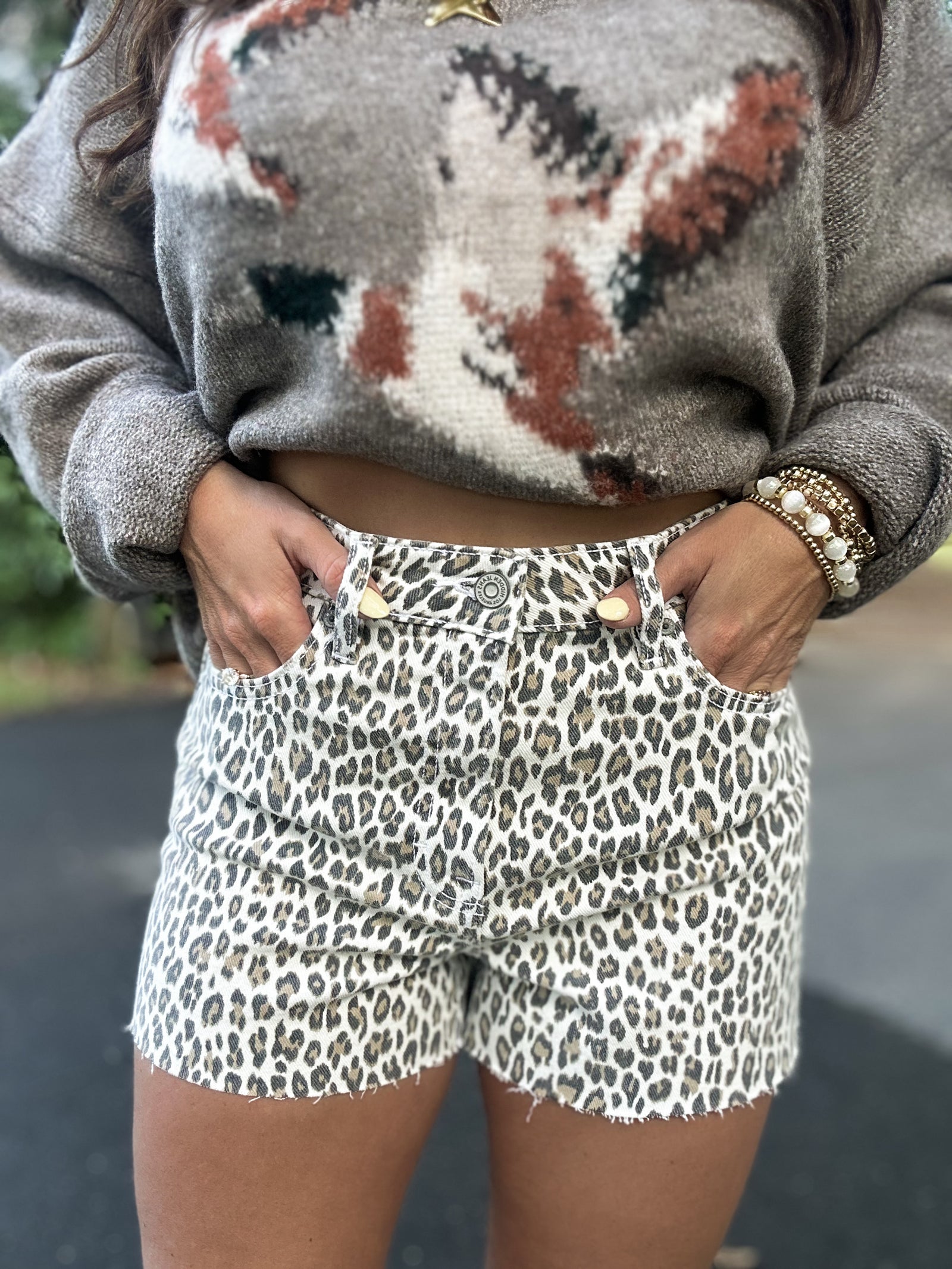Jentry White Cheetah Denim High Rise Shorts