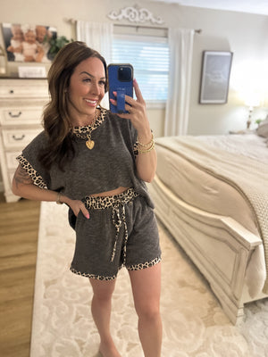 Hailey Leopard Trim Round Neck Top - Charcoal