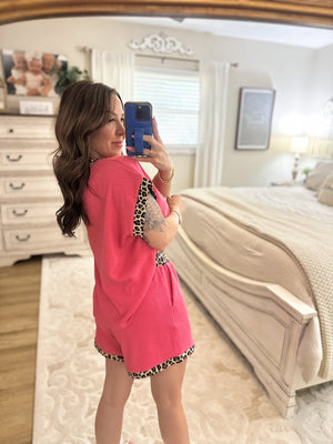 Hailey Leopard Trim Round Neck Top - Pink