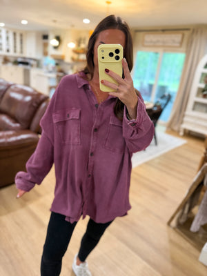 Sandi Stonewashed Oversized Knit Shacket - Cherry