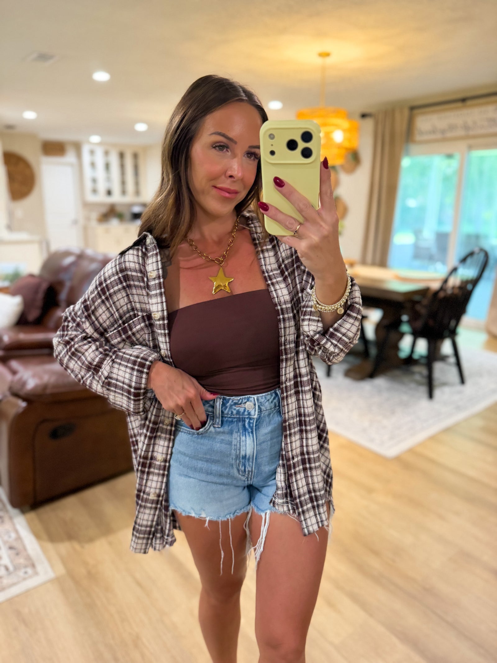 Sterling Plaid Collared Button Down Distressed Top - Brown