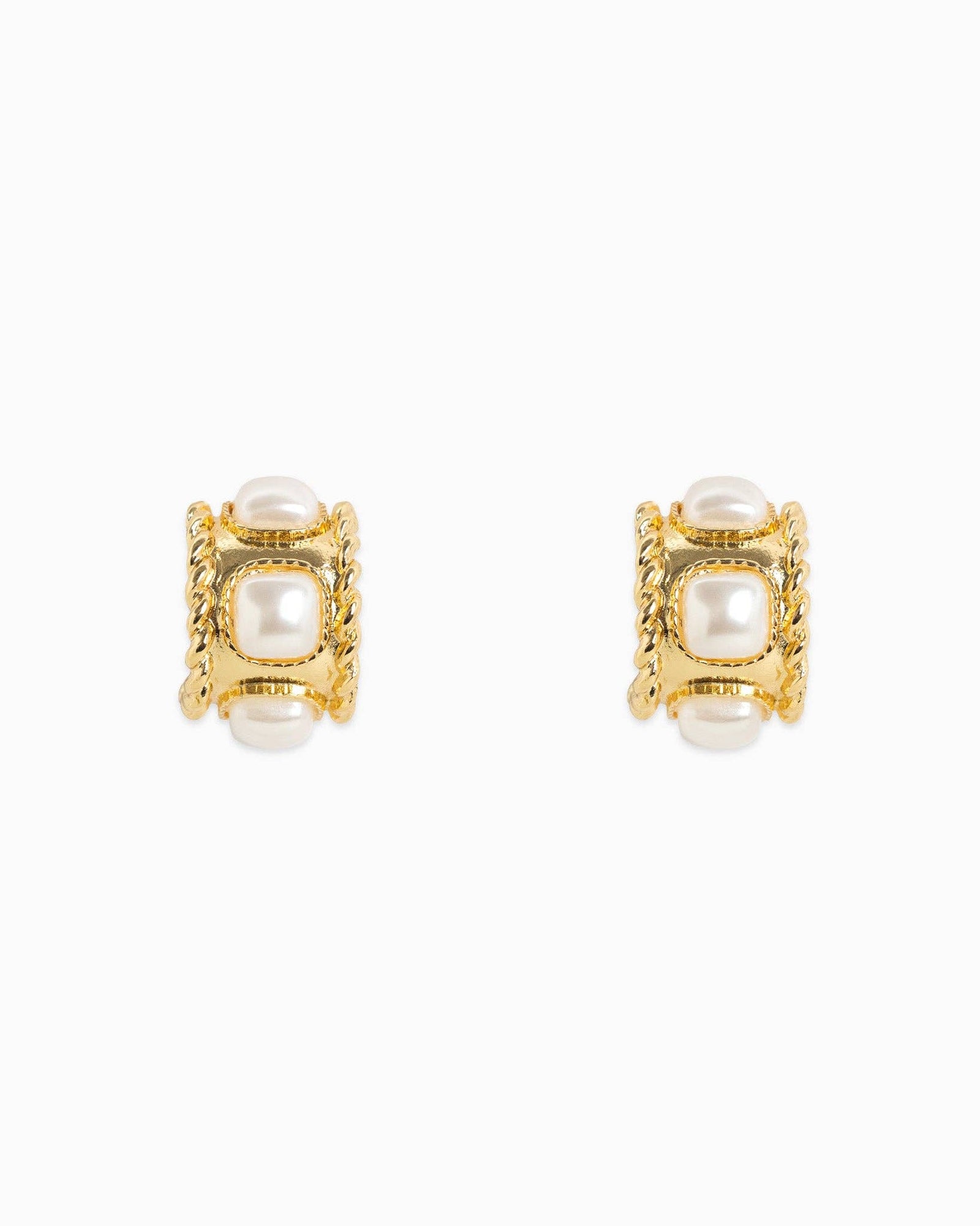 Rope Textured Square Pearl Hoop Earring - Gold