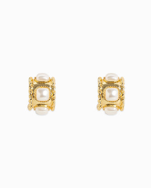 Rope Textured Square Pearl Hoop Earring - Gold