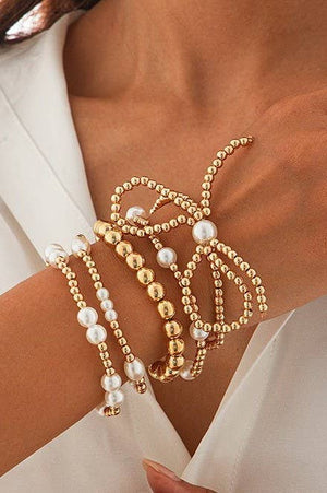 Beaded Pearl Bow Bracelet Set
