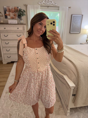 Kara Floral Gingham Tie Shoulder Romper - Blush