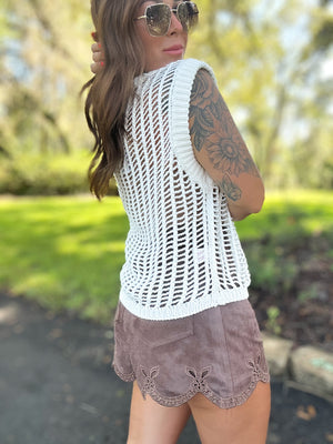 Riding Waves Open Knit Sweater Top - White