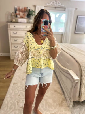 Carlie Lace Patch Ruffle Vneck Top