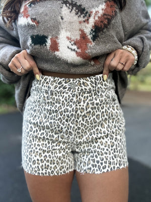 Jentry White Cheetah Denim High Rise Shorts