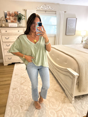 Alyse Oversized V-Neck Short Sleeve Top - Sage