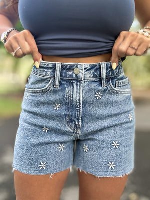 Melanie Super High Rise Daisy Embroidered Shorts