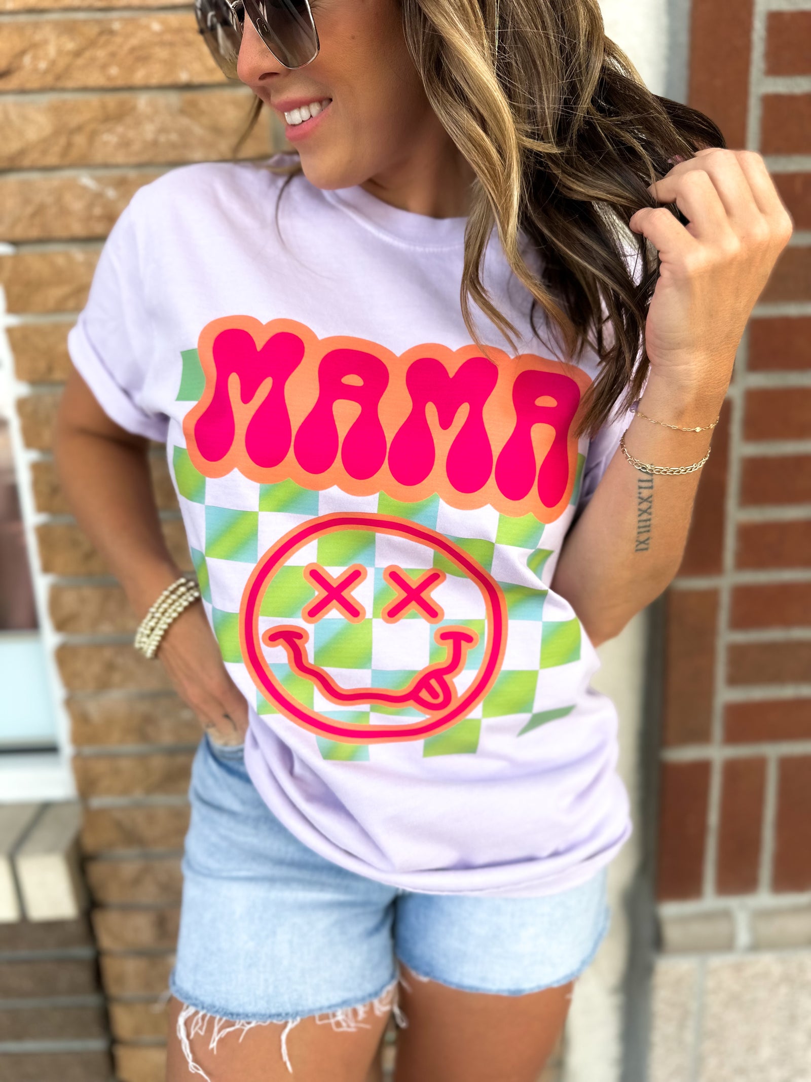 Mama Checkered Smiley Comfort Colors Tee - Orchid