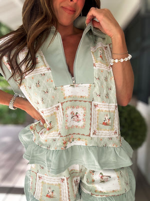 Abigail Floral Mallard Zip-Up Patchwork Top