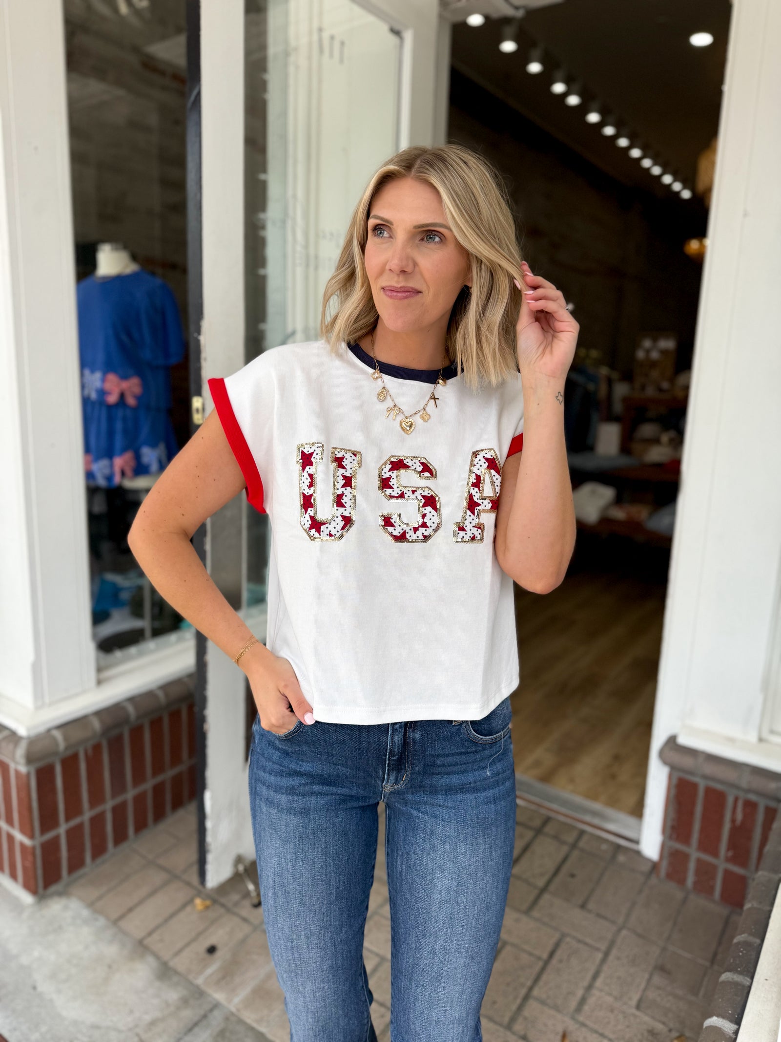USA Sequin Embroidered Knit Top