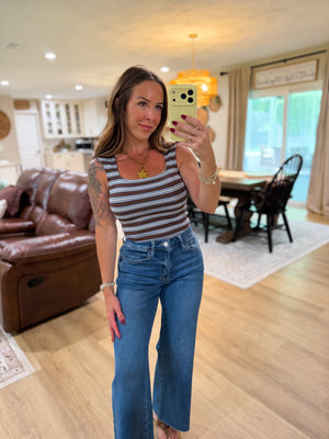 Randi Striped Square Neck Crop Top - Brown