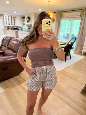 Landyn Striped Cotton Ruffle Shorts - Brown