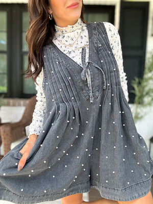 Alyssa Denim Pearl Romper- Denim Black