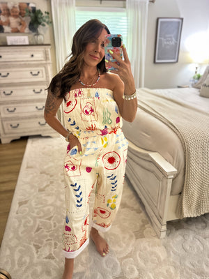 Shelby Coastal Motif Denim Strapless Jumpsuit