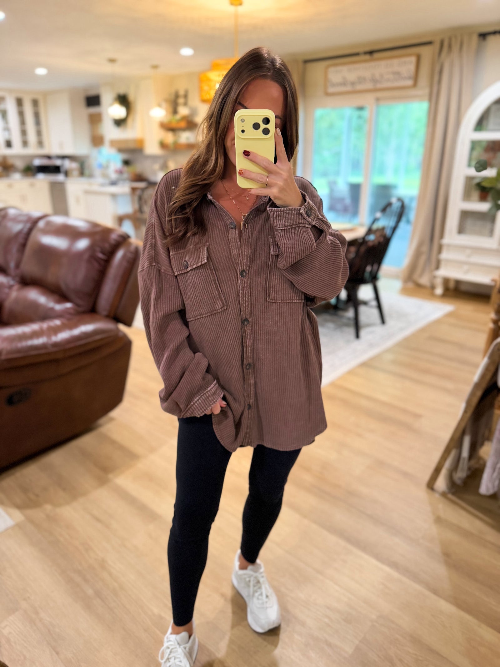 Sandi Stonewashed Oversized Knit Shacket - Brown