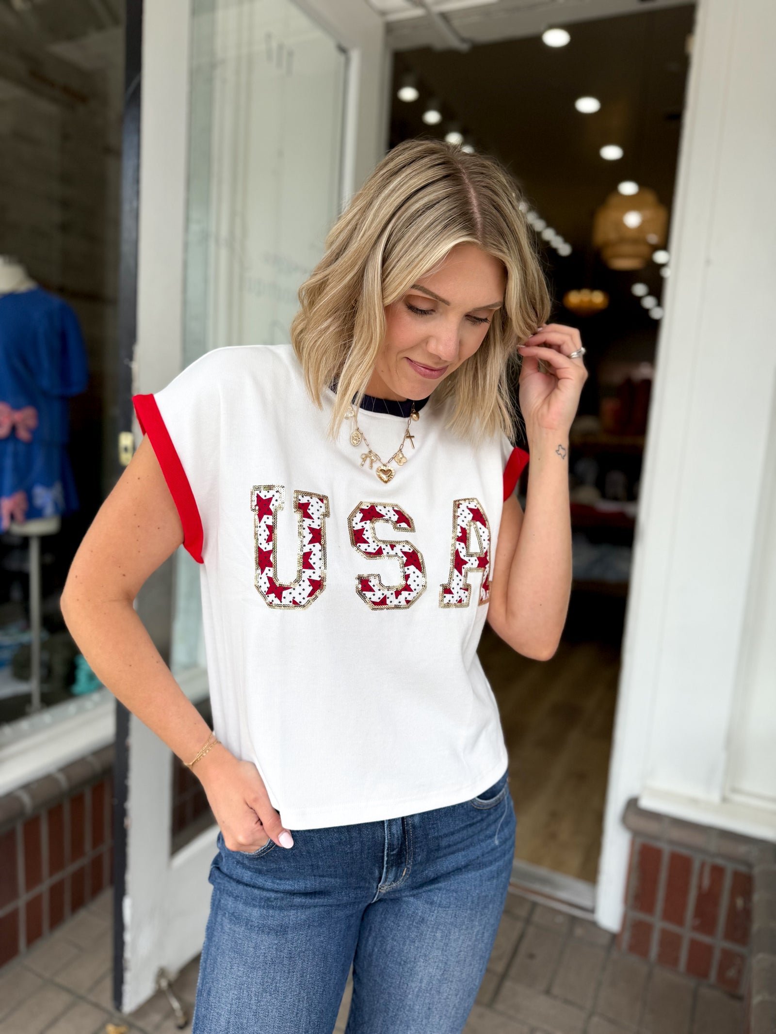 USA Sequin Embroidered Knit Top