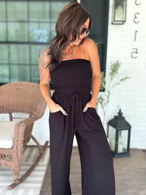 Little Too Late Smocked Jumpsuit - Black
