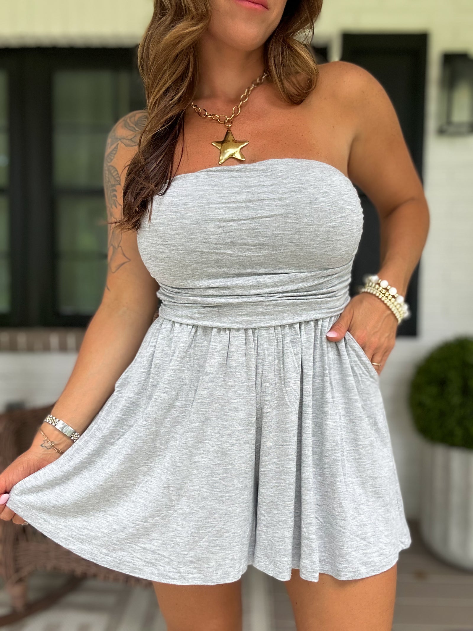 No Worries Strapless Romper - Light Gray