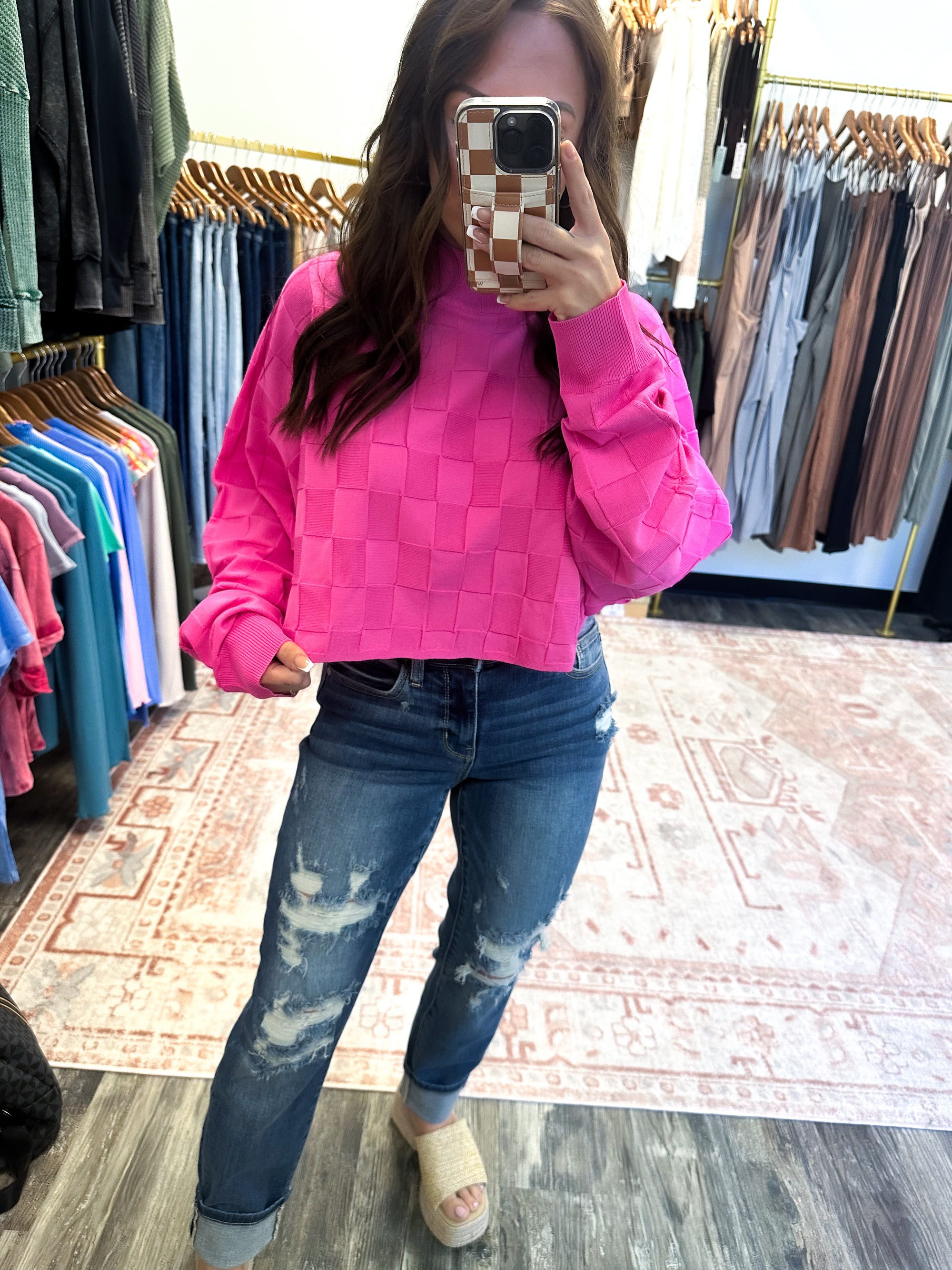 Light Up Your Life Checkered Sweater Top - Pink