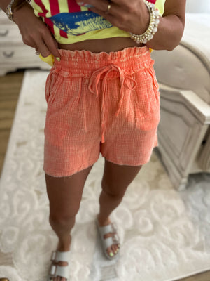 Sunshine Awaits Acid Washed Gauze Shorts - Coral