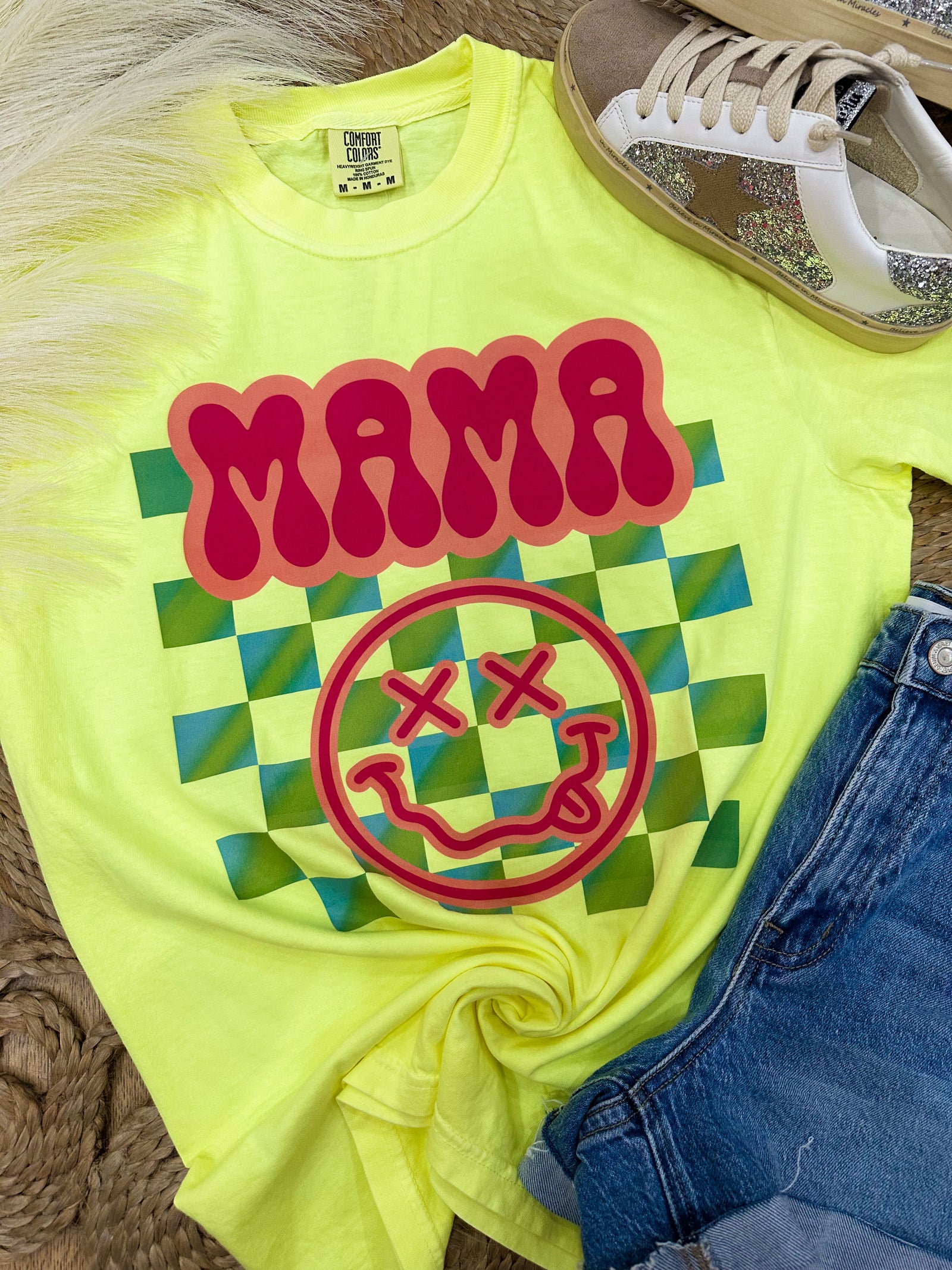 Mama Checkered Smiley Comfort Colors Tee - Neon Yellow