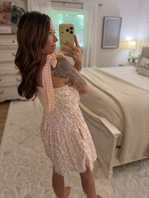 Kara Floral Gingham Tie Shoulder Romper - Blush