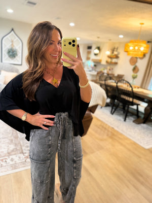 Ava Flowy Vneck Poncho Top - Black