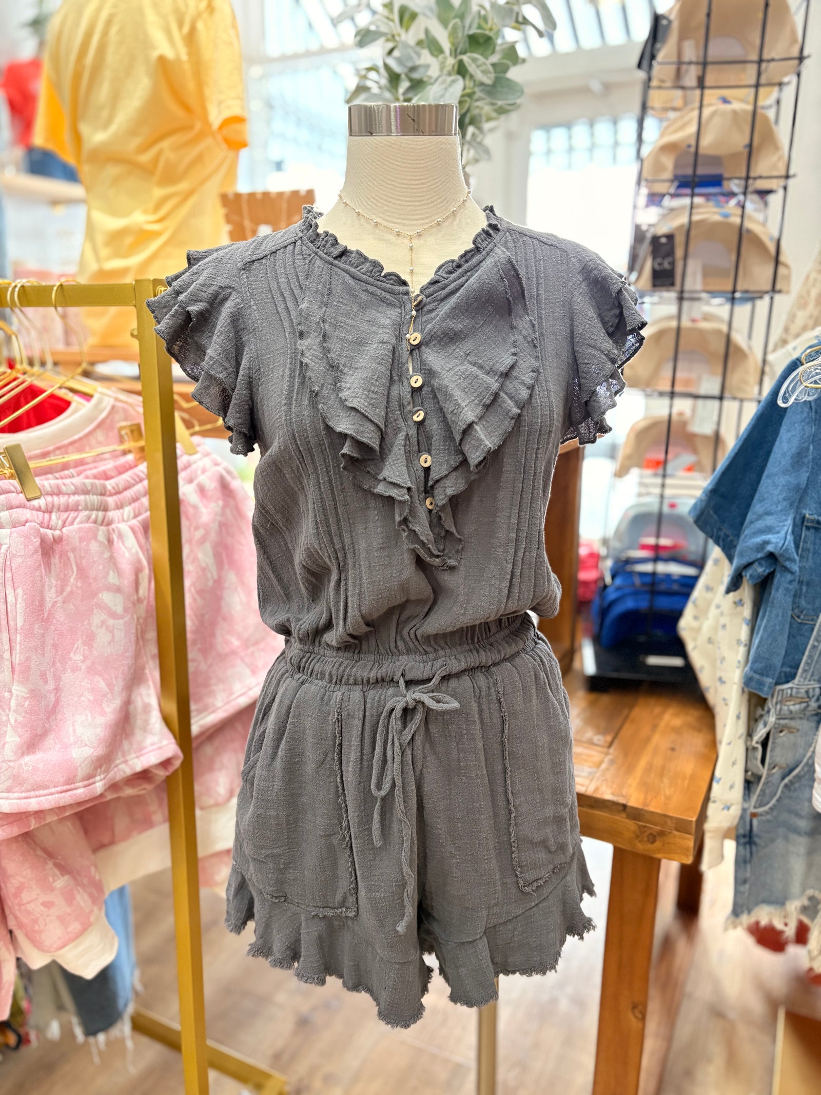 Ellie Ruffle Romper - Charcoal